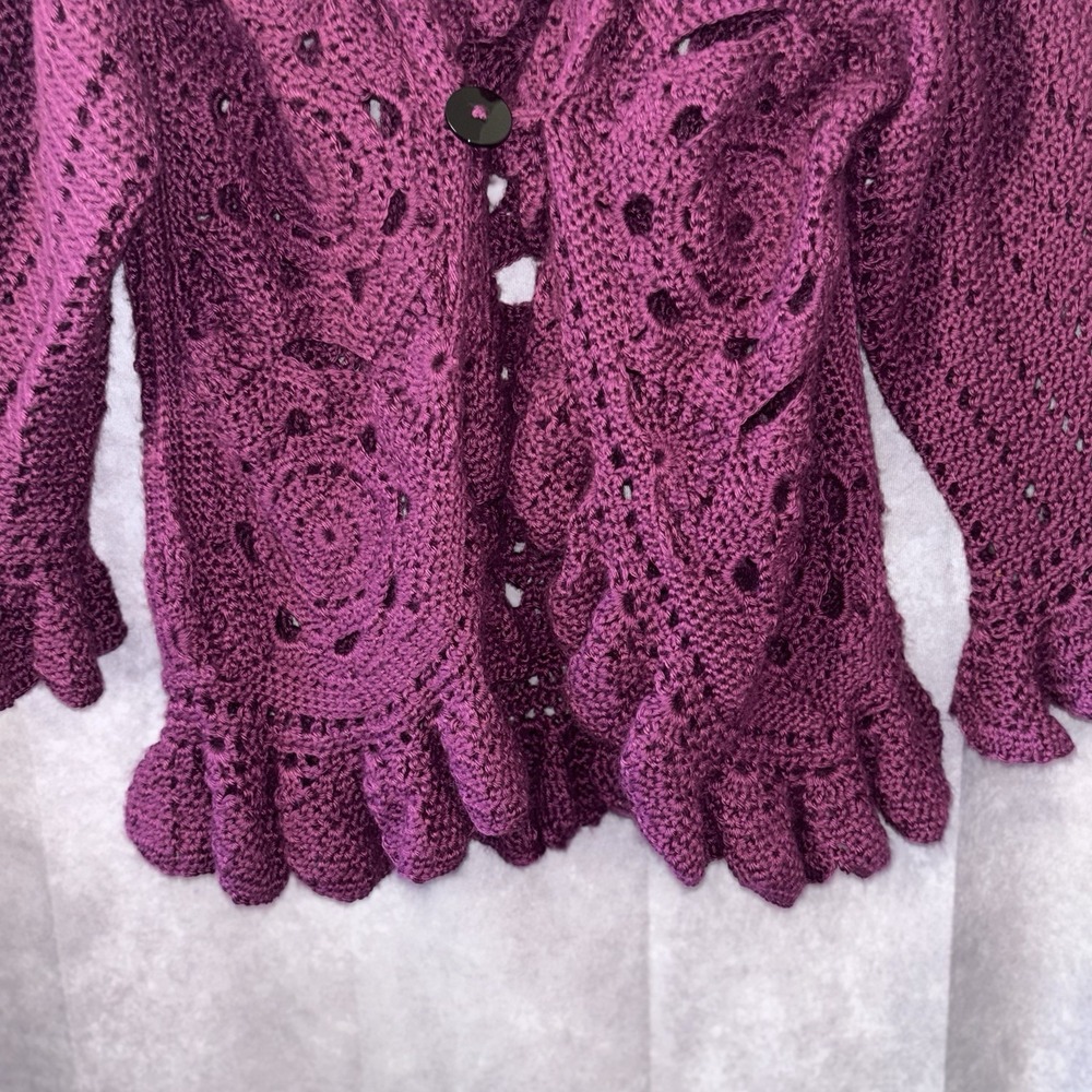 100% Handmade Large Purple Willow Granny Square Cardigan Ruffle Bell‎ Sleeves - Picture 8 of 12